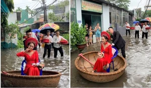 Unique Flood Wedding in Chuong My: Couple Uses Makeshift Rafts for Ceremony - image 7