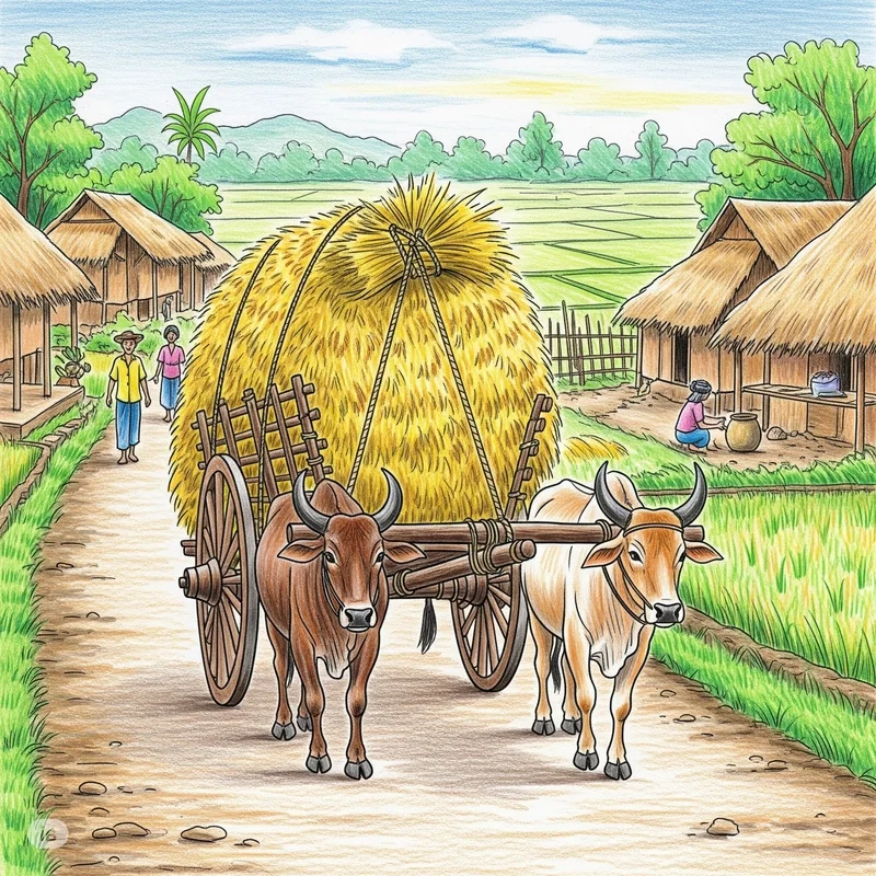 Beautiful and Simple Autumn Harvest Drawings of Golden Rice and Fruits
